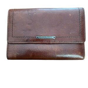 Fossil Tri-fold Snap Wallet Clutch Brown Leather Zip Coin Pocket